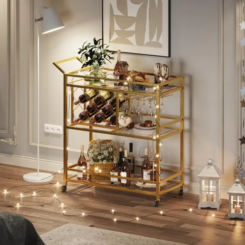 Miniatura 7 de FATORRI Carrito de bar dorado, carrito de servicio de bar con estante para vino y soporte para vasos, carritos de vino con ruedas con estantes