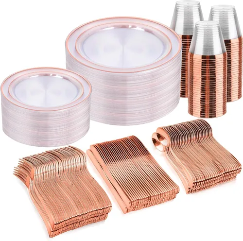 Miniatura 13 de bUCLA Juego de vajilla de plástico dorado desechable de 150 piezas, platos dorados resistentes que incluyen 25 platos de cena y 25 platos de postre