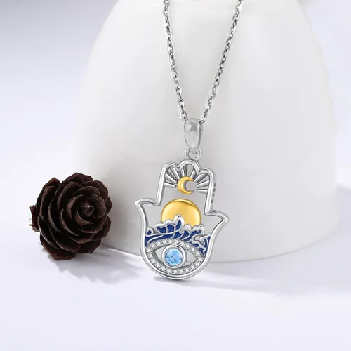 Miniatura 112 de Aniu Joyería de plata de ley 925 Hamsa de Fátima para mujer con circonita cúbica, viene con caja de regalo negra