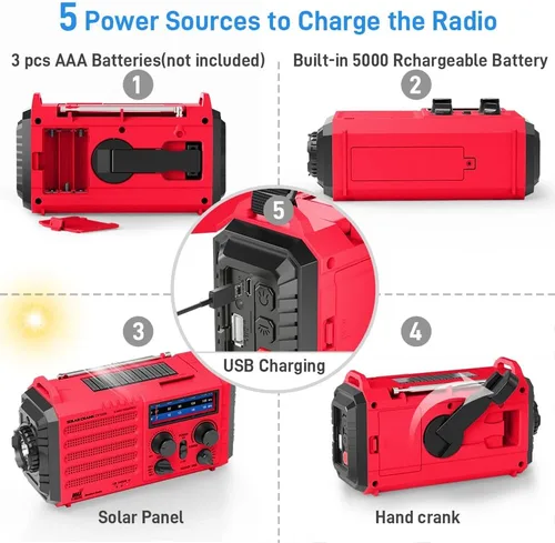 Miniatura 4 de Radio meteorológica de emergencia, manivela solar, funciona con pilas, radio de onda corta AM FM portátil con alerta NOAA, linterna, lámpara de Rojo