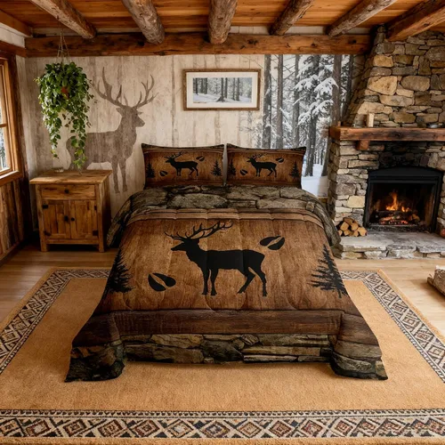Miniatura 47 de Juego de edredón rústico de oso tamaño completo, juego de ropa de cama de caza de animales salvajes de 3 piezas, edredón de plumón vintage de cabaña