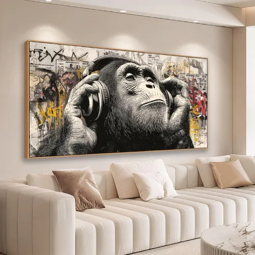 Sorbrozo Arte de Pared Urbano de Grafiti Gorila con Auriculares - Pintura de Lienzo de Animales Coloridos, Decoración Moderna del Hogar para Sala de