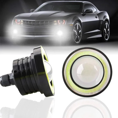 Miniatura 12 de 2 piezas de Faros antiniebla súper brillantes de 6 cm, proyector universal LED, 12V, 10W, azul, halo COB, anillos de ojo de ángel, para faro