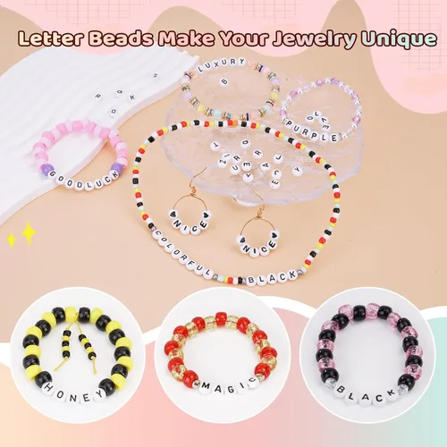 Miniatura 5 de FZIIVQU Kit de 1450 Piezas de Cuentas de Letras, 4x7 mm Cuentas de Alfabeto de Acrílico Blanco para Hacer Joyas, Cuentas de Corazón de Número