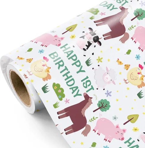 Miniatura 8 de WRAPAHOLIC Papel de regalo de primer cumpleaños, mini rollo, 17 pulgadas x 9.8 pies, bonito papel de regalo de animales para niños, niñas, niños