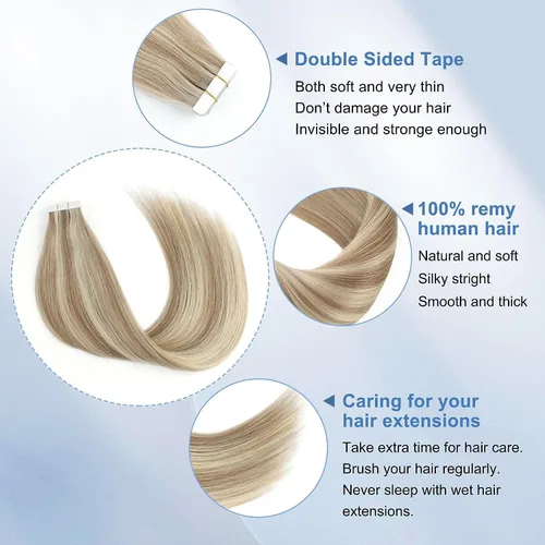 Miniatura 4 de Sixstarhair Extensiones de cabello con cinta adhesiva, color marrón claro, mezclado con rubio ceniza, sin costuras, lacio, 18 pulgadas, 1.76 onzas
