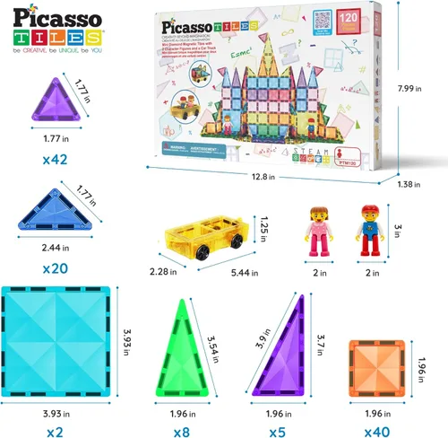 Miniatura 7 de PicassoTiles 120 piezas de fichas magnéticas de tamaño mini, juguetes magnéticos de la serie diamante, juego de bloques de construcción sensorial