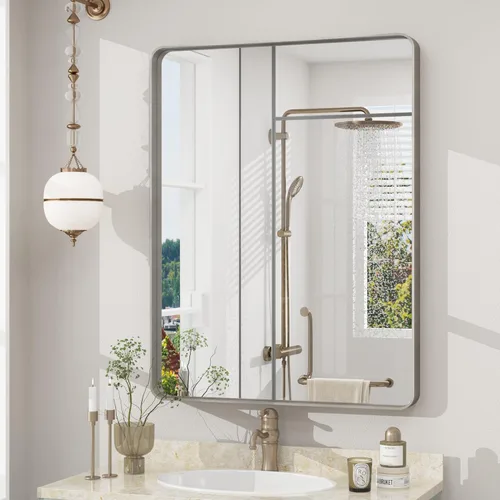 Miniatura 138 de Paquete de 2 espejos de baño con marco de metal negro de 22 x 30 pulgadas, espejo rectangular redondeado negro mate, antioxidante, se cuelga