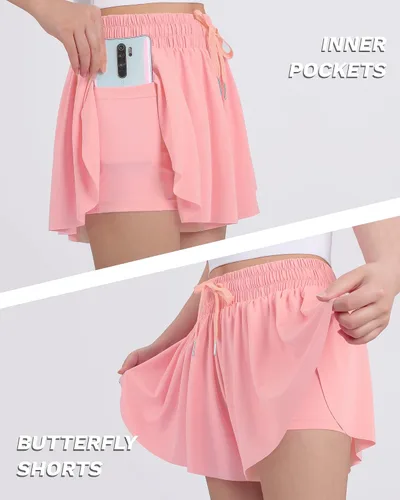 Miniatura 2 de JOCMIC Pantalones cortos fluidos para niñas, pantalones cortos de mariposa 2 en 1 con bolsillo interior para fitness y correr