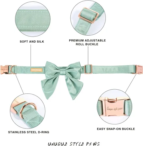 Miniatura 2 de Unique style paws Collar de perro de color verde sedoso, ajustable, duradero, con lazo para boda, collar de pajarita para cachorros y gatos pequeños