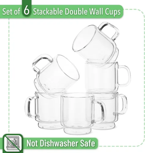 Miniatura 2 de BTaT- Tazas de café apilables de doble pared, 2 onzas, juego de 6, tazas de café Demitasse transparentes, tazas de café con aislamiento de doble