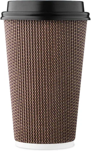 Paquete de 85 tazas de café desechables de 16 onzas, vasos de papel de doble pared con tapas, diseño geométrico marrón, tazas de papel calientes