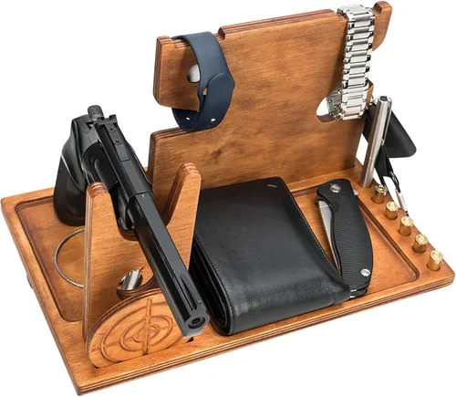 Miniatura 2 de Mesita de noche - Organizador de bandeja de pistola - Soporte para pistola de madera con cargador de reloj - Ideal para agentes de policía - Regalos