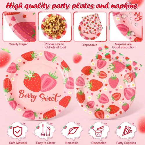Miniatura 2 de 400 piezas de suministros de fiesta de fresa, 100 platos de 9 pulgadas, 100 platos de 7 pulgadas, 200 servilletas de papel desechables, platos