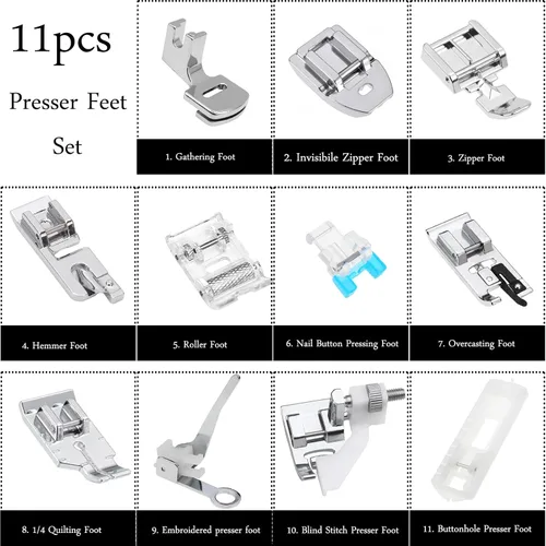 Miniatura 3 de Juego de 11 pies prensatelas para máquina de coser de vástago bajo a presión, cantante, hermano, Janome, Babylock, Kenmore, Euro-Pro, blanco, Juki