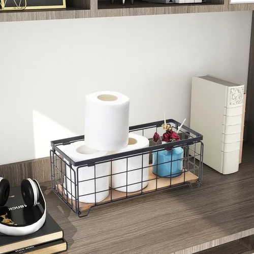 Miniatura 2 de Cesta de almacenamiento de alambre de metal, soporte para rollo de papel higiénico, base de madera, caja de decoración de encimera, estante de Negro