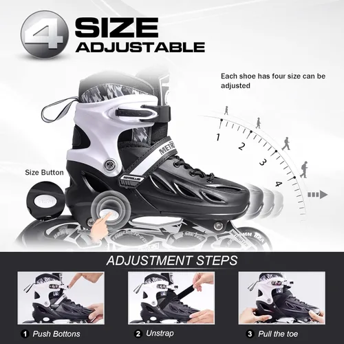 Miniatura 3 de METROLLER Patines en línea para niñas y niños, mujeres, hombres, 4 tallas ajustables, patines en línea con ruedas que se iluminan, patines Negro
