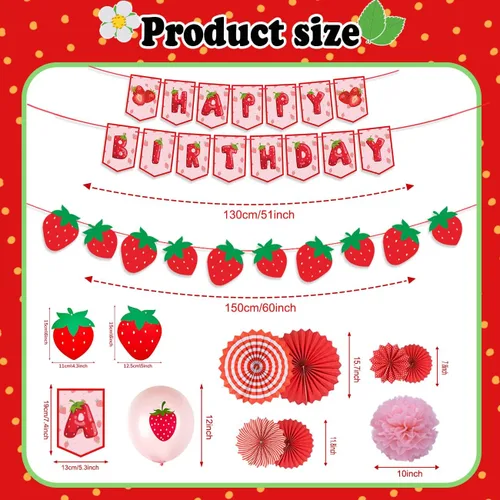 Miniatura 3 de Decoraciones de cumpleaños de tartas de fresa: pancarta, adornos para pasteles, globos, pompones de papel y abanicos para fiesta temática de fresas