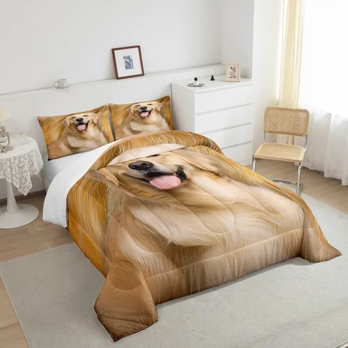 Miniatura 4 de Feelyou Juego de edredón Golden Retriever con estampado de perro para niños y adultos, lindo juego de edredón de cachorro, suave, cálido, esponjoso