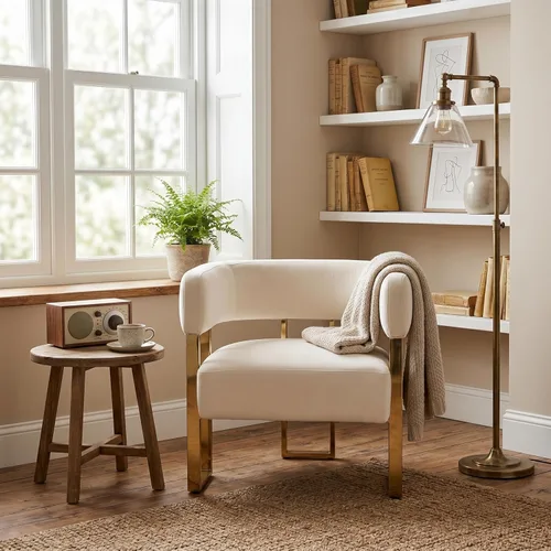 Miniatura 4 de Silla de acento barril para sala de estar con patas de metal dorado, silla lateral de terciopelo suave tapizada para dormitorio, sillón de lectura