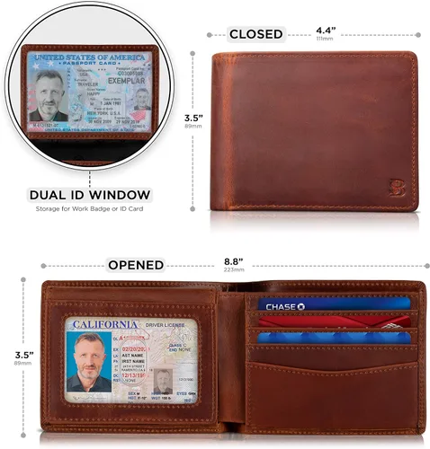 Miniatura 19 de SERMAN BRANDS Billetera de piel con 2 ventanas de identificación para hombre, con bloqueo RFID, doble tapa superior, billetera de viaje de capacidad