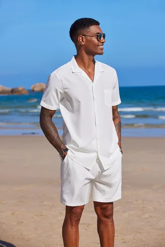 Miniatura 2 de COOFANDY Conjunto de camisa de 2 piezas para hombre, manga corta, con botones, casual, hippie, vacaciones, playa, camisetas y pantalones cortos