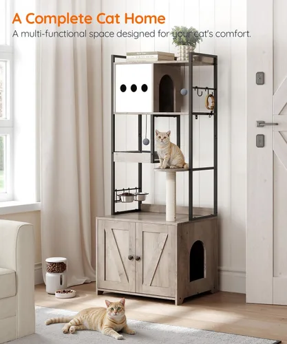 Miniatura 2 de HOOBRO Árbol para gatos con caja de arena, torre para gatos de 58.7 pulgadas de alto con muebles de caja de arena oculta, con poste rascador