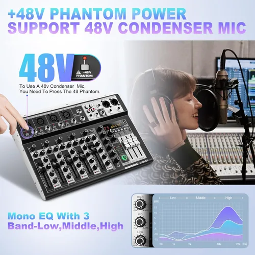 Miniatura 5 de Mezclador de audio profesional Riworal, consola de mezcla de 6 canales, interfaz de sonido, consola de mezcla de DJ, mezclador de audio con efecto