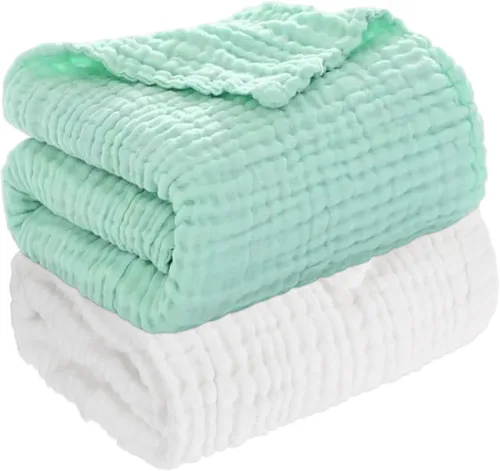 Miniatura 9 de Aablexema Juego de 2 mantas de muselina para bebé, 6 capas de 43 x 43 pulgadas, toallas de baño para recién nacidos, para niños y niñas (blanco)