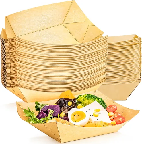 Miniatura 8 de Paquete de 80 bandejas de papel desechables de 2 libras para botes de papel, bandeja de servir comida kraft, platos para aperitivos, palomitas