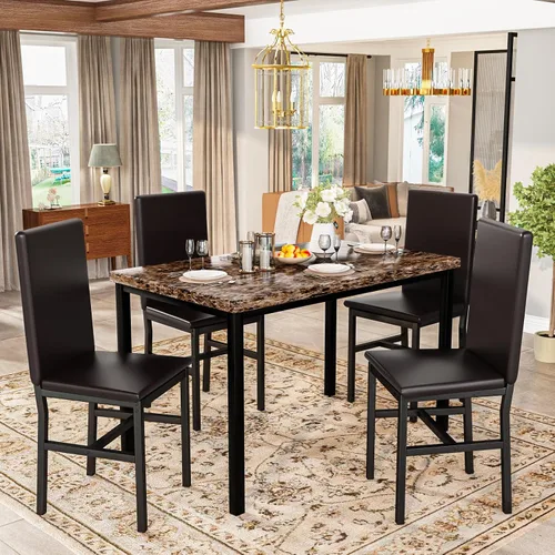 Miniatura 8 de Recaceik Juego de 4 mesas de comedor de 5 piezas para 4, juego de 4 sillas de mesa de cocina de mármol sintético, juego de mesa de cocina con 4