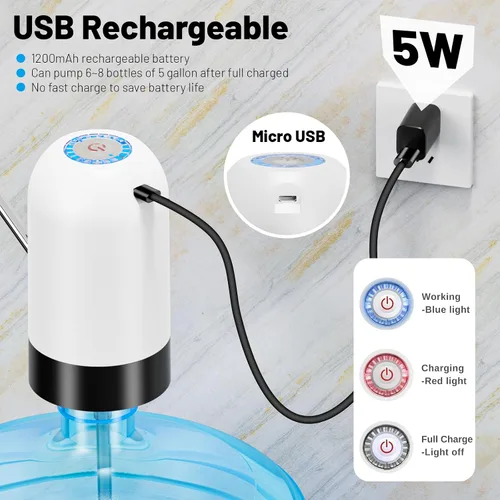 Miniatura 8 de Bomba de agua para botellas de agua, bomba de agua eléctrica portátil de carga USB para botellas de agua universal de 5 galones Blanco