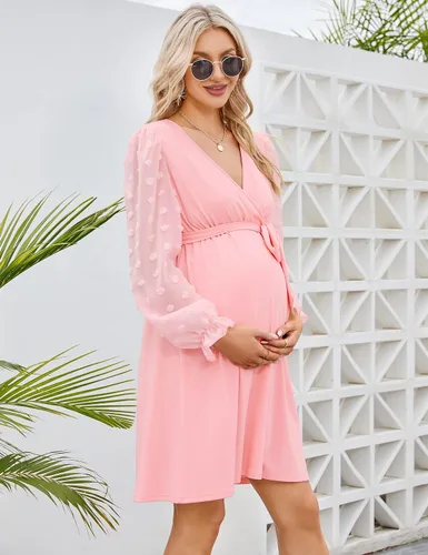 Miniatura 5 de Coolmee Vestido de maternidad de manga larga con lunares suizos, cuello en V, para otoño, casual, bohemio, vestido midi para baby shower, sesión