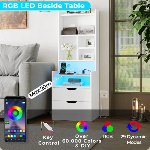 Miniatura 3 de ADORNEVE Juego de 2 mesitas de noche altas, mesita de noche LED con estación de carga, mesita de noche con estantería y cajones, mesas auxiliares
