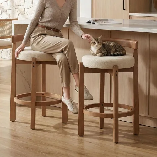 Miniatura 26 de LukeAlon Mid Century Linen Taburete Individual de Mostrador, Tapizado de 26.5" de Altura de Asiento, Taburetes Bajos con Patas de Madera Natural