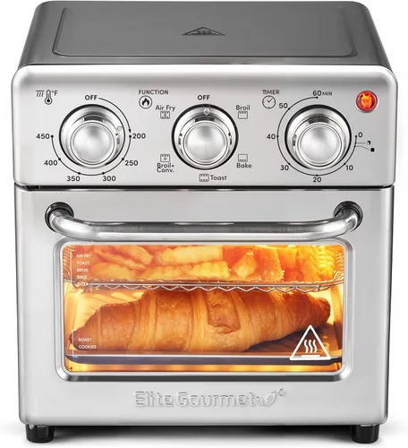 Horno de Aire Frito Elite Gourmet EAF0852SS, Capacidad de 8.5 Qt. con función de freír al aire, asar, tostar, hornear y asar con convección, Acero