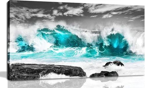 Miniatura 11 de Lienzo grande para pared de sala de estar, cuadros de cascada para pared, decoración de pared verde azulado, listo para colgar, tamaño 40 x 20 Verde
