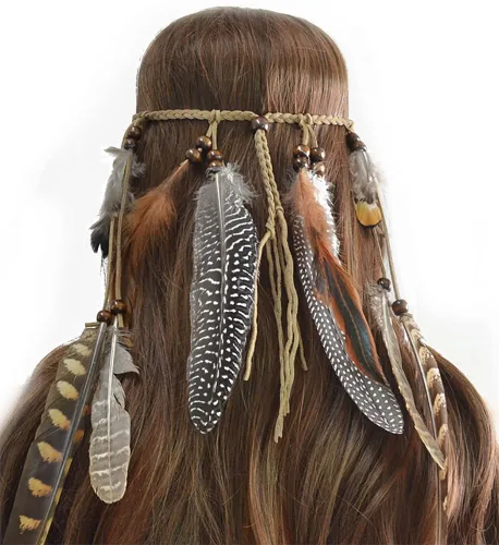 Miniatura 5 de Diadema de plumas indias, tocado ajustable marrón, borlas tribales de plumas, cuerda de cáñamo para carnaval, disfraz hippie, fiesta, festival