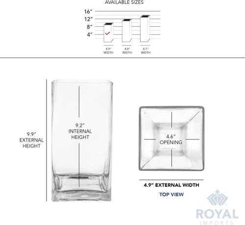 Miniatura 6 de Royal Imports Jarrón de cristal decorativo para el hogar o la boda, forma rectangular alta, 10 pulgadas de alto, apertura de 5 x 5 pulgadas
