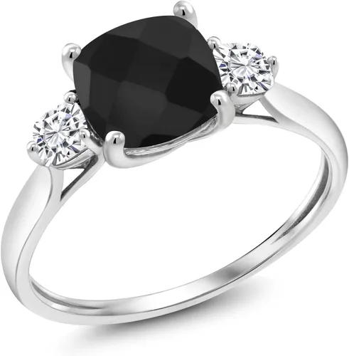 Miniatura 2 de Gem Stone King Anillo de compromiso de 3 piedras para mujer con cojín de oro blanco de 10 quilates, ónix negro y moissanita creada en blanco