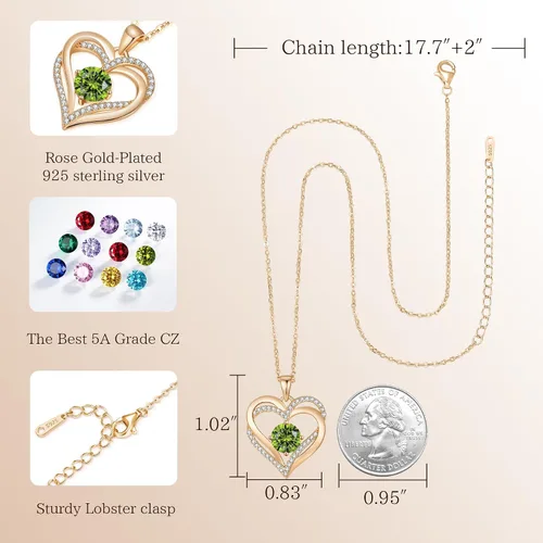 Miniatura 6 de LOUISA SECRET Love Heart Birthstone Necklaces for Women, Birthday Gift for Girlfriend, Anniversary Jewelry Gift for Wife Her, 925 Sterling Silver