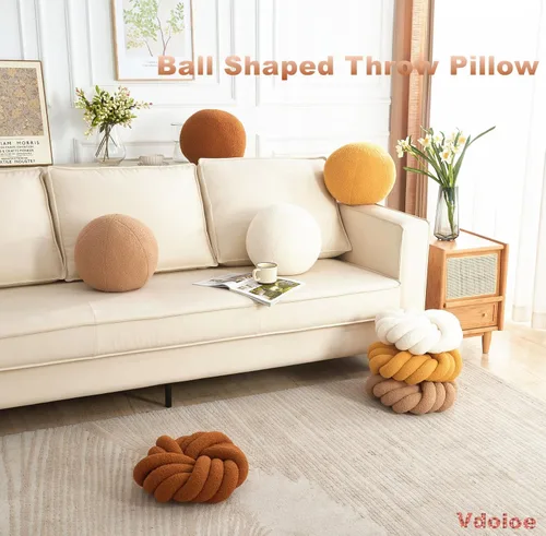 Miniatura 5 de Almohada de Nudo Blanco Crema de 13.7'' Almohada Redonda Decorativa de Felpa Suave Almohada de Bola de Nudo Almohada Anudada Hecha a Mano Cojín