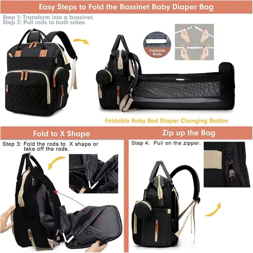 Miniatura 9 de Bolsa de pañales con estación de cambio, mochila impermeable 3 en 1 para pañales de bebé con almohadilla de cambio plegable, mochila de viaje grande