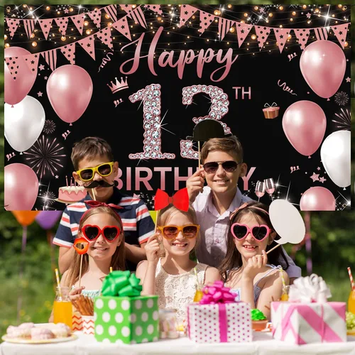 Miniatura 5 de Cartel de fondo de decoración de cumpleaños número 13, decoración de feliz cumpleaños número 13 para niñas, fondo de fotografía de cumpleaños de oro