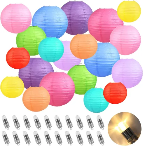 LIHAO 20 linternas de papel coloridas con luces, linternas chinas multicolores, linternas de papel colgantes para decoración de fiestas, bodas,