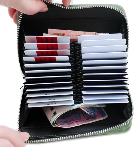 Miniatura 38 de boshiho Cartera con bloqueo RFID de 24 ranuras para tarjetas de crédito, de piel auténtica, organizador de múltiples tarjetas, con cremallera