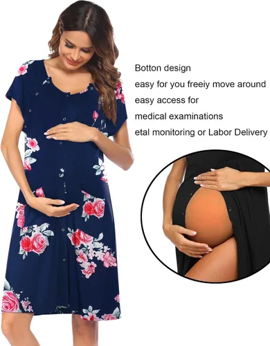 Miniatura 2 de Ekouaer Vestido de enfermería 3 en 1 para el partopartohospital, camisón de maternidad para lactancia materna con botón S-XXL