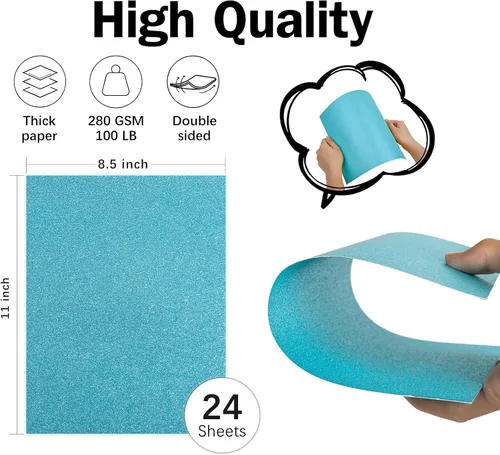 Miniatura 2 de Cartulina con Purpurina Azul 8.5x11 Doble Cara 24 Hojas, Goefun Papel con Purpurina Azul Claro Sin Derrames 280GSM/100lb Cartulina Gruesa