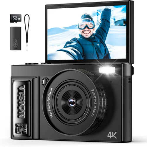 Cámara digital 4K para fotografía - Cámaras de 64MP para video - Cámara compacta de pantalla abatible de 180° - Cámara fotográfica con zoom de 16X