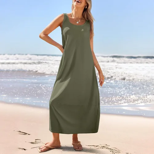 Miniatura 2 de Vestidos de iglesia para mujer 2025, casual, holgado, sin mangas, largo, fluido, vestido de verano con bolsillos